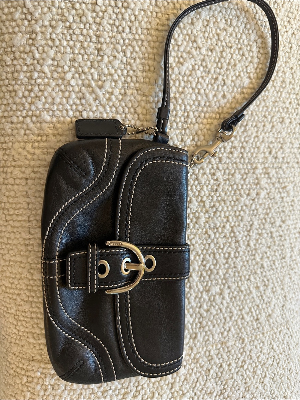 Coach Black Leather Wristlet with White Contrast Stitching and Polished Buckle
